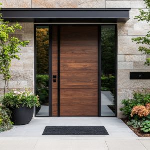 Stylish modern entrance showcasing a beautiful wooden door that enhances the overall look of the home facade.
