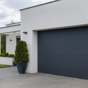 View of the garage door in an elegant suburban home