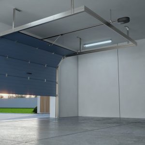Garage interior. Automatic garage door. 3D illustration.