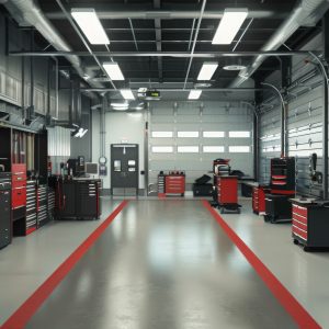 This image shows the interior of a garage with tool cabinets, a red stripe running down the middle of the floor, and a large garage door in the background.
